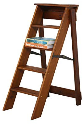 Klapptreppe Klapptritt Klappstufen Tritthocker 5 Stufen Holz Trittleiter Leiter Hocker - Leicht und Faltbar Leiterregal 150kg Kapazität,Höhe 87 cm,Walnussfarbe
