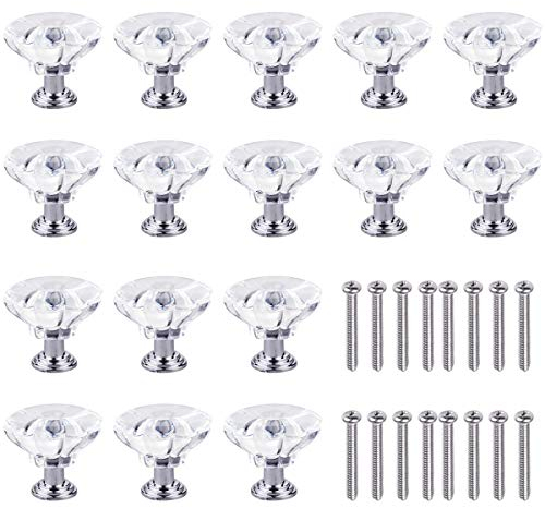 Pomos y Tiradores de Muebles 16 Piezas Tiradores de Cristal 30mm Pomos Puertas para Armarios Cajones Cocina Gabinetes Diamante