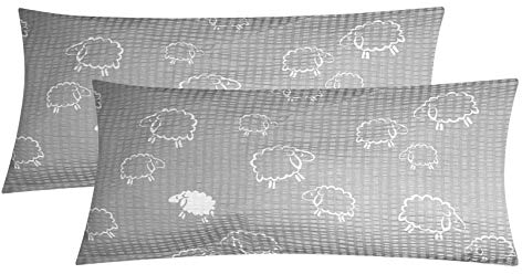 Heubergshop Seersucker Kissenbezug - 2er Set in 40x80cm - Schafe Lämmer in Grau und Weiß - Kopfkissen-Bezug, Kissenhülle, Doppelpack - 100% Baumwolle (99-7-S)
