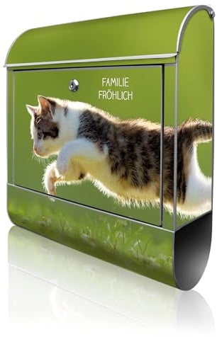 banjado Design Briefkasten personalisiert 38,5x46,5x13cm & 2 Schlüssel - Briefkasten Stahl Silber Zeitungsfach pulverbeschichtet - Postkasten A4 Einwurf inkl. Montagematerial - Motiv Jagende Katze