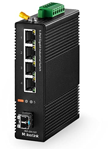 MokerLink Switch réseau Industriel 5 Ports Gigabit sur Rail DIN, 4 Gigabit Ethernet, 1 Emplacement SFP Gigabit avec Module LC 20 KM, commutateur réseau IP40 (-40 à 185 °F), avec Alimentation