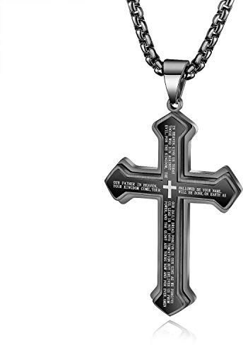 Rockyu Men's Stainless Steel Simple Antique Black Cross Pendant Engraved Amulet Large Cross Necklace Black, Stainless Steel, Zirconia
