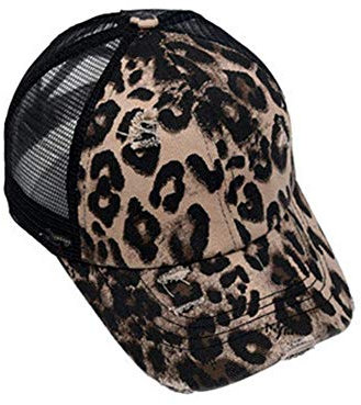 ZLSLZ Damen Mädchen Leopard Print Baseball Trucker Sport Golf Pferdeschwanz Pony Sonnenhut Kappe - Schwarz - Einheitsgröße