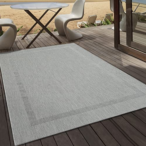 the carpet Mistra - robuster Teppich, modern, langlebig und pflegeleicht, In- und Outdoor, Wohnzimmer, ideal für Küche, Flur und Wintergarten, flachgewebt, Bordüre, Grau, 140 x 200 cm