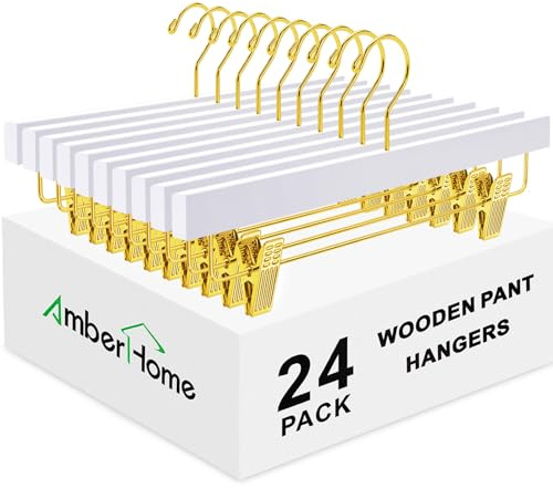 Amber Home Paquete de 24 perchas de madera blanca para pantalones con clips dorados, perchas de madera para faldas con gancho dorado para jeans, pantalones cortos