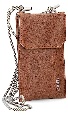 Zwei Handytasche zum Umhängen MP10 Smartphone-Etui für max. 16 x 9 cm große Smartphones, längenverstellbarer Riemen, wasserfestes Kunstleder (Cognac)