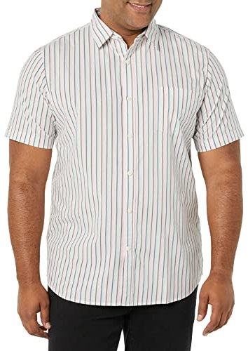 Amazon Essentials Chemise en Popeline à Manches Courtes Coupe Ajustée Homme, Rose Bleu Sarcelle Rayures, XS