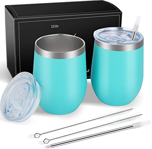 Joymaking 12oz Reusable Coffee Cup, 2 Pack Double Walled -Insulated Travel Mug Vacuum Stainless Steel Wine Tumbler with Spill Proof Lid, Great for Coffee, Tea, Milk and Wine (Aqua Blue)