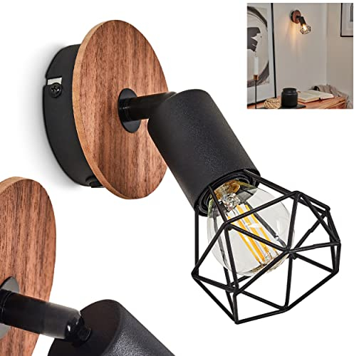 Wandleuchte Baripada, 1-flammige Wandlampe aus Metall/Holz in Schwarz/Braun, Gitterschirm mit Lichteffekt und An-/Ausschalter am Gehäuse, Spot ist dreh- und schwenkbar, 1 x E14, ohne Leuchtmittel
