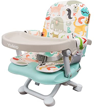 YOLEO Seggiolone Pappa, Portatile Rialzo Sedia Bambini per 6-36 mesi, Seggiolino per Bambini Regolabile con Chiusura Compatta e Vassoio Rimovibile, per uso Interno/Esterno (Verde con Cuscino)