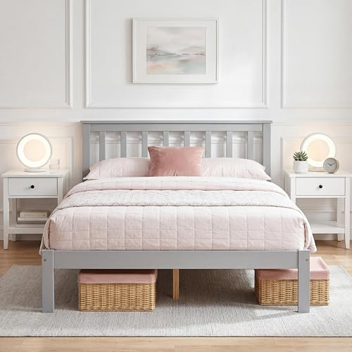 Panana Solid Pine Wood Double Bed Frame 4FT6 Wooden Bed for Adults, Kids, Teenager, Grey, 135 * 190cm