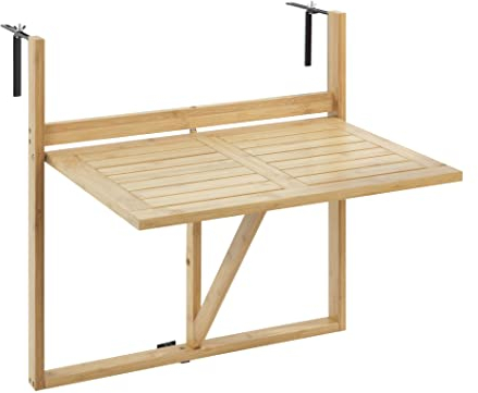 WENKO Bambus Balkon-Klapptisch Waikiki, Tisch zum Einhängen am Balkon-Geländer mit stufenlos einstellbaren Wandhaltern und herunter klappbarer Tischplatte aus lackiertem, 64 69806800 Braun