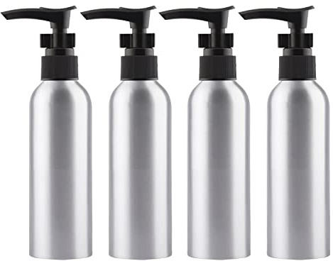 ZEOABSY 4 Pieces Empty 200ml Silver Aluminium Lotion Pump Bottle, Aluminum Bottles with Black LOCK Clip Pump, Metal Bottles for Cosmetic Bathroom Hotel Travel Essential Oil Shampoo Dispenser