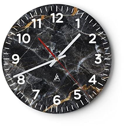 Modern Wanduhr Marmor Stein Schwarz 30x30cm Rund Klein Wand Uhr Glas Analog Zimmeruhren Küche Büro Wohnzimmer Glasuhr Wall Clock Dekoration Design Wanddekoration Küchenuhr C4AR30x30-4899