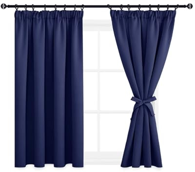 DWCN Vorhänge Küche Blickdicht Gardine Verdunkelungsvorhang Gardinen Kurz kräuselband Schlafzimmer Gardinen mit Vorhang-Krawatten, Wärmeisolierend Thermovorhang, 137x117cm(HxB), Dunkel Blau, 2er Set