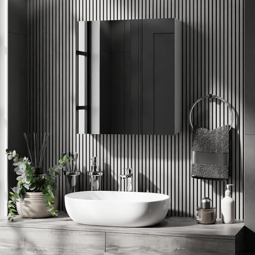 Planetmöbel Merkur Spiegelschrank Bad 60 cm breit | Badschrank hängend mit Spiegel | weiß-grau, ohne Leuchte, Spiegelschrank Gäste WC 60x67 x 16 cm