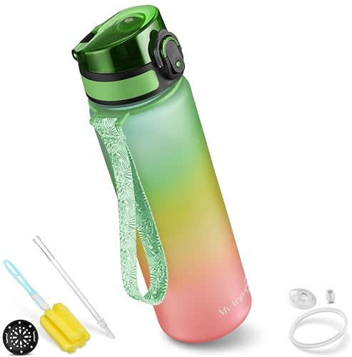 My Vesperbox Minny - Botella infantil de 500 ml, a prueba de fugas y sin BPA, incluye junta de repuesto, cepillo de limpieza, colador de frutas y pajita opcional, ideal para la escuela, guardería y