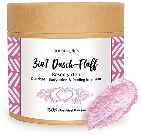 puremetics 3in1 Dusch-Fluff Rosengarten mit Zuckerpeeling, 250 g Duschgel, Peeling und Lotion in Einem, vegan & plastikfrei