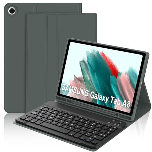 Funda con Teclado para Samsung Galaxy Tab A8 10.5'', Teclado Bluetooth Inalámbrico Desmontable con Funda y Portalápices para Samsung Galaxy Tab A8 10.5 Pulgadas (SM-X200/X205/X207), Verde Oscuro