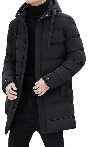 aromm Hombre Chaqueta Térmica de Invierno con Capucha Longitud Media Acolchado Relleno Abrigos de Plumón Negro, M