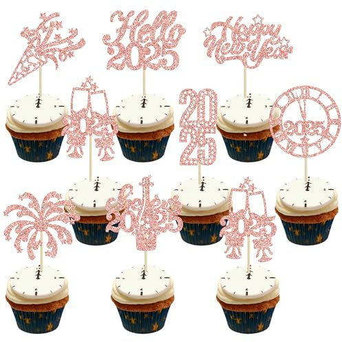 Gyufise 24 Stück 2024 Happy New Year Cupcake Toppers Rose Gold Glitzer Feuerwerk Uhr Hallo 2024 Cheers to 2024 Cupcake Pick Dekorationen für Silvester Party Favor Dekorationen Supplies, Rotgold 8