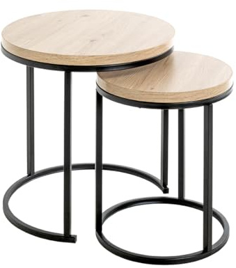 HAKU Tables d'appoint, Lot de 2, chêne Clair, Noir, MDF, métal, Table Basse Ronde - Dimensions : H 43/49 x Ø 32/45 cm Style : Moderne