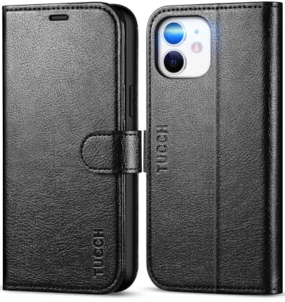 TUCCH Hülle für iPhone 12, iPhone 12 Pro Handyhülle TPU [Kartenfächer], [Standfunktion] [RFID Blocker] [Magnet] Stoßfeste Lederhülle, Case Kompatibel mit iPhone 12/12 Pro(6,1 Zoll), Texturiert Schwarz