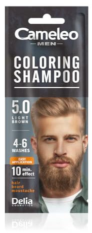 Cameleo Men – Champú colorante – Marrón claro – Cabello, barba y bigote – Refresca – Dura de 4 a 6 lavados – Aplicación fácil y rápida – Extracto de nuez – 15 ml