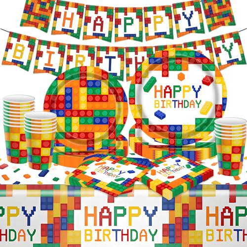 Party Accessory Sets 70 Pieces Building Block Party Decoration for 16 Guests, Building Blocks Birthday Decoration, Building Blocks Birthday Party Tableware with Tablecloth Paper Plates Banner Napkins