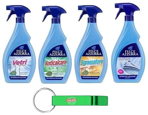 Confezione Prova Felce Azzurra Detergente Multiuso Spray, detergente vetri, stiratura rapida, detergente bagno, sgrassatore 4x750ml + Portachiavi Beni Culinari in Omaggio