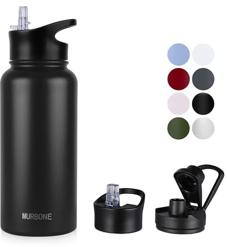 MURBONE Insulated Water Bottle, 1L Stainless Steel Drink Flask with Straw, BPA Free, 2 Lids (Straw Lid and Spout Lid), Leakproof Double Walled Vacuum Water Bottle, Black