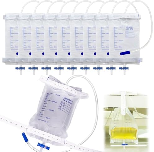 Luriseminger 10pcs 750ml Urinbeutel Beinbeutel, Katheter Beinbeutel mit Anti-Reflux-Film, Urindrainagebeutel mit Ventil, Ablass und Stoffbänder, Urinbeutel bei Inkontinenz - Steril Verpackt