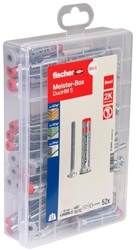 fischer Meister-Box Hohlraumdübel DuoHM + Schraube TX, Werkzeugkiste mit 52 Dübeln und Schrauben, Plattendübel zum Befestigen von TV-Halterungen, Leuchten, uvm. in Plattenbaustoffen, praktisches Set