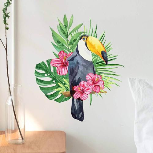astylishome Wandtattoo Küche Tropische Blätter Pflanzen Wandsticker Pflanzen Vögel Abnehmbar Selbstklebend Wandaufkleber für Wohnzimmer TV Hintergrund Dekoration 1412