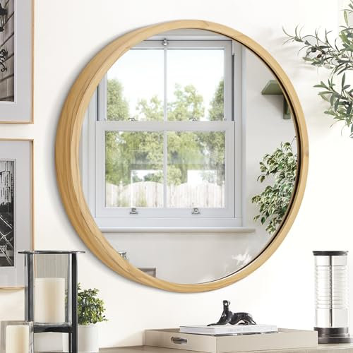 JJUUYOU Wandspiegel mit Metallrahmen, runder Spiegel, Wandspiegel, modernes stilvolles Design für Badezimmer, Schlafzimmer, Wohnzimmer, Spiegel, Holz