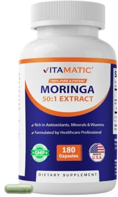 Vitamatic Moringa Extract – Plant-Based Capsules with Moringa Oleifera Leaf Powder – Green Superfood Supplement – Vegetarian, Non-GMO, Made in the USA – 180 Capsules