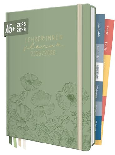 Häfft® Lehrer-Planer 2025/2026 A5 + Green Poppy Hardcover Lehrerkalender/Schuljahresplaner mit 236 Seiten, Stickern und mehr - nachhaltig & klimafreundlich