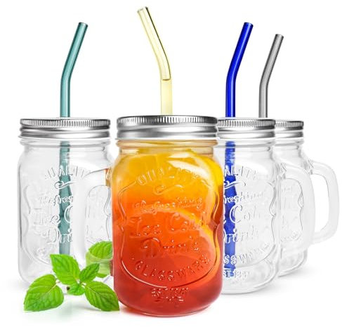 Sendez 4 Trinkgläser mit Deckel und Glasstrohhalme Kaffeegläser Cocktailgläser
