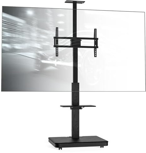 XTRARM Elite mobiler, höhenverstellbarer TV Ständer für 40-86 Zoll und max. 60 kg, neigbarer Standfuß bis max. VESA 600x400, mit Ablagen und Steckerleiste (Schwarz, Manueller)
