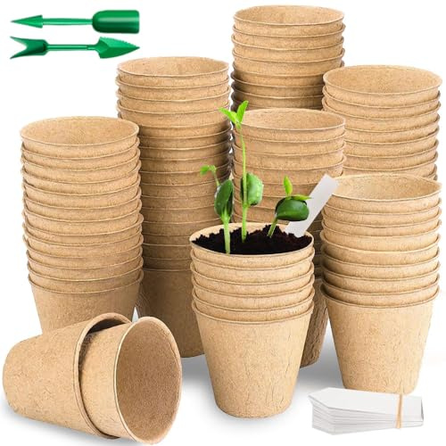 Rppiup 100pcs 8cm Fibre Seed Pots, Organic Biodegradable Plant Pots, Small Seedling Pots with 100 Plant Labels & a Pair of Shovel Tools, Paper Flower Pots for Growing Vegetables, Fruit, Herb, Flower