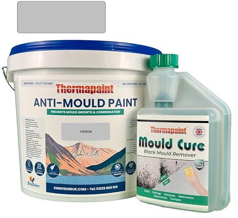 Kingfisher Thermapaint Anti Mould Paint with Active Fungicide 5L | Mould & Moisture Resistant Emulsion Wall Paint for Kitchens, Bathrooms & More | Waterproof & Washable | Heron