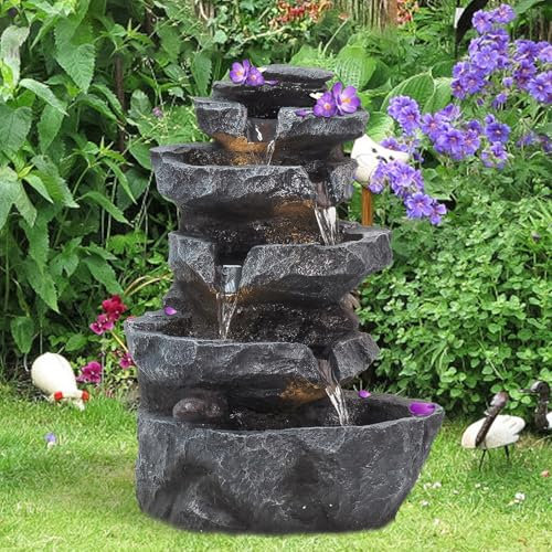 Wilitto 5-Tiers Indoor/Outdoor Garden Water Fountain,22inch Cascading Rock Rock Natural Waterfall Outdoor Fountains with LED Lights And Pump, Resin Water Fountain for Garden, Patio, Yard, Deck Decor