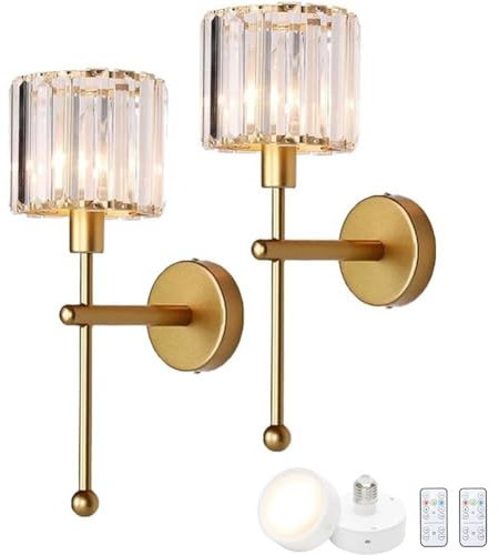LOGT 2 Stück Gold Kristall Wandleuchte Akku Retro Wandlampe Dimmbar Fernbedienung Ohne Stromanschluss Wandleuchten lnnen Glas USB Aufladung Nachttischlampe Vintage Batteriebetrieben Leselampe Wand