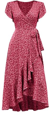 Abito estivo da donna, lungo, stile bohemién, con volant, maxi abito con cintura, scollo a V, abito da spiaggia, con stampa floreale, a vita alta, adatto per il tempo libero
