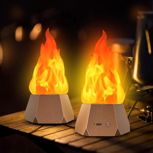 AoLa LED Kamin Laterne Akku Tischlampe Kabellos falsche Feuerlampe 3 Modi Flackerndes Nachtlicht 1200mAh Batteriebetrieben Tischleuchte mit Flammeneffekt für Outdoor Camping Halloweendeko,2 Stück