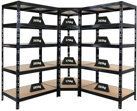 PROREGAL Mega Deal Tiger Black 1x Eckregal + 2X Schwerlastregal 180x90x60cm Schwarz mit Fachlasten 175 + 265 kg Eckregal Regalsystem Steckregal Lagerregal Werkstattregal