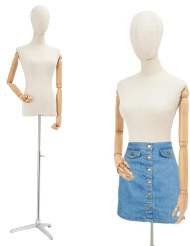 Mannequin de vitrine féminin réglable en hauteur avec base triangulaire en bois - Mannequin de couture - Buste de femme - Corps de femme - Pour magasin de vêtements (argent, 92 cm)