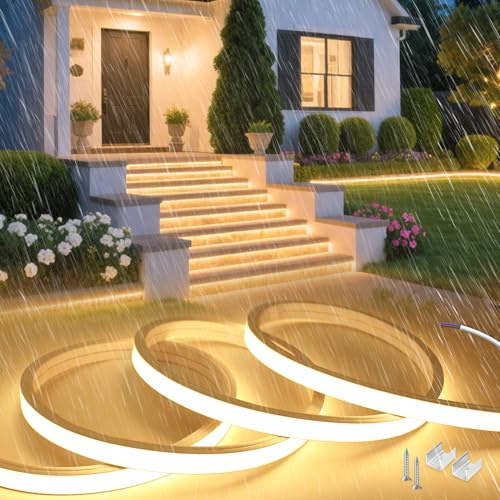 SUCIKORIO 15m Neon LED Streifen Ohne Netzteil 230V Direktanschluss Silikon Wasserdicht Feuerfest IP65 Led Strip Warmweiss 3000K 10mm Zuschneidbar Leds Lichterkette Außen Lichtband Aussenbereich