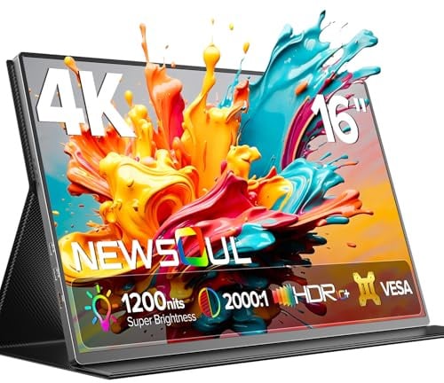 Newsoul Portable Monitor 4K 16 Zoll mit 1200 nits Helligkeit, 3840 x 2400 UHD Tragbarer Monitor, 145%sRGB 2000:1 16:10 IPS, Tragbarer Bildschirm mit USB-C HDMI und VESA für Laptop/PC/PS5/4/Xbox,1-pack