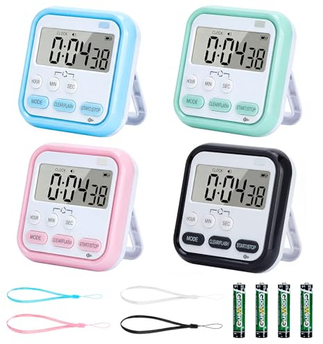 4 Pcs Kitchen Timers, Countdown Digital Timer for Cooking Egg, Toothbrush, Classroom, Teacher, Kid - Magnetic, Kickstand, Hanging - Battery and Lanyard Included